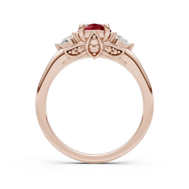 Trellis Three Stone Oval and Pear Gemstone Engagement Ring