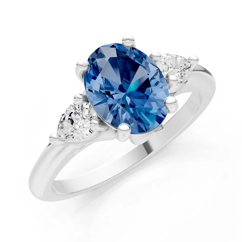 LBT Oval 8x6mm Normal Gold Quality Trellis Three Stone Oval and Pear Lab Diamond Engagement Ring