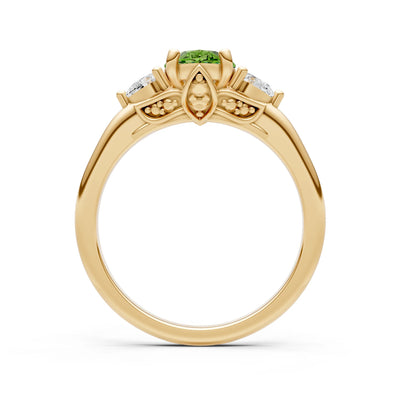 Peridot Oval 8x6mm Normal Gold Quality Trellis Three Stone Oval and Pear Lab Diamond Engagement Ring