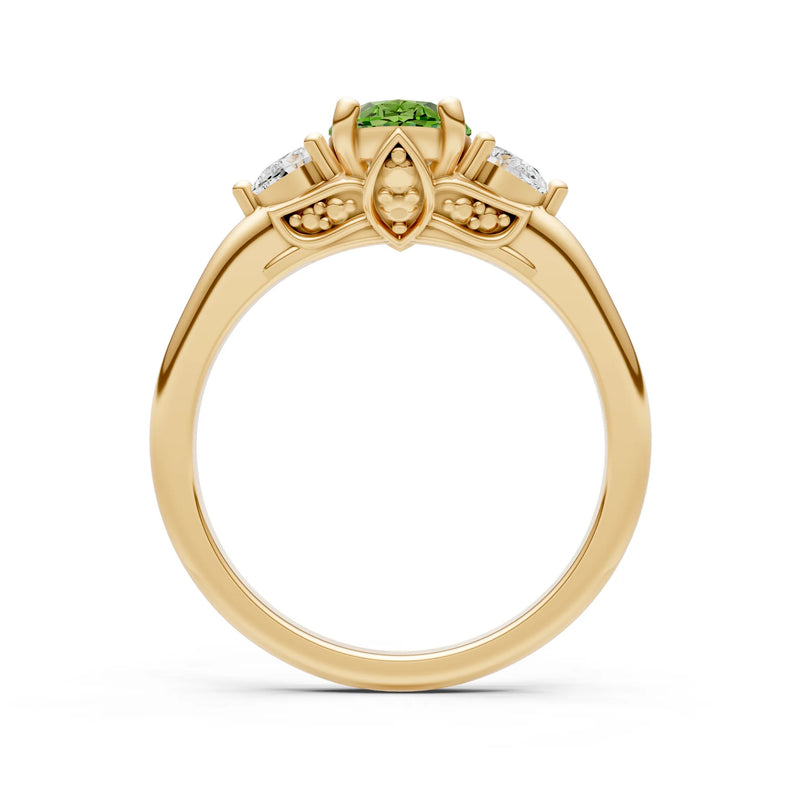 Peridot Oval 8x6mm Normal Gold Quality Trellis Three Stone Oval and Pear Lab Diamond Engagement Ring
