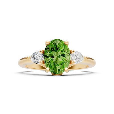 Peridot Oval 8x6mm Normal Gold Quality Trellis Three Stone Oval and Pear Lab Diamond Engagement Ring