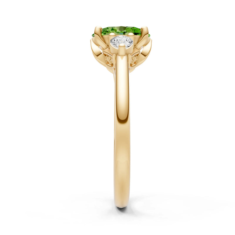 Peridot Oval 8x6mm Normal Gold Quality Trellis Three Stone Oval and Pear Lab Diamond Engagement Ring