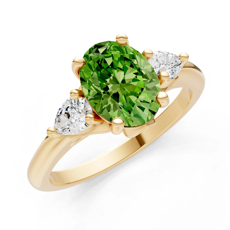Peridot Oval 8x6mm Normal Gold Quality Trellis Three Stone Oval and Pear Lab Diamond Engagement Ring