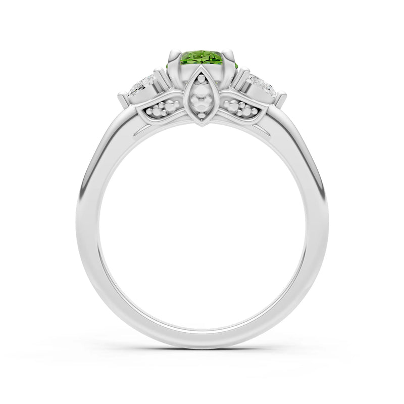 Peridot Oval 8x6mm Normal Gold Quality Trellis Three Stone Oval and Pear Lab Diamond Engagement Ring