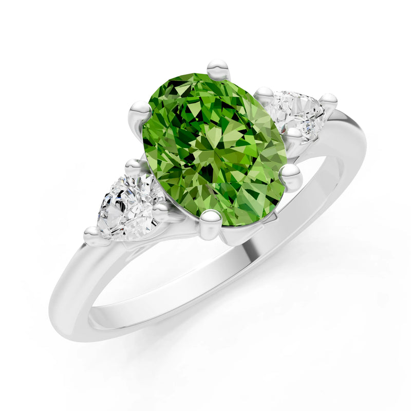 Peridot Oval 8x6mm Normal Gold Quality Trellis Three Stone Oval and Pear Lab Diamond Engagement Ring