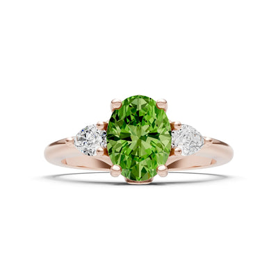 Peridot Oval 8x6mm Normal Gold Quality Trellis Three Stone Oval and Pear Lab Diamond Engagement Ring