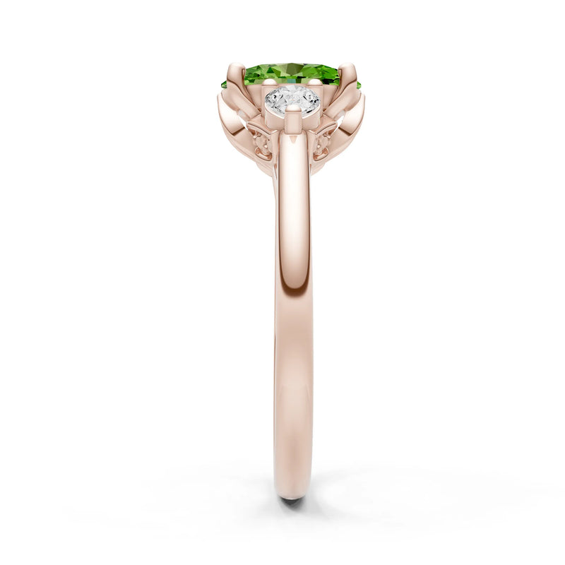 Peridot Oval 8x6mm Normal Gold Quality Trellis Three Stone Oval and Pear Lab Diamond Engagement Ring