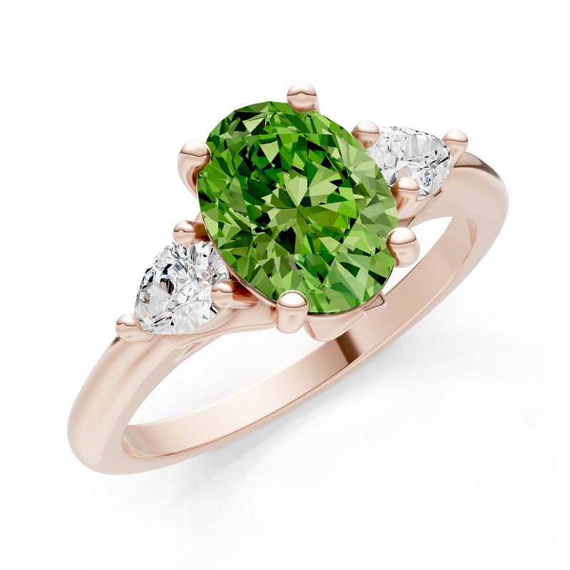 Peridot Oval 8x6mm Normal Gold Quality Trellis Three Stone Oval and Pear Lab Diamond Engagement Ring