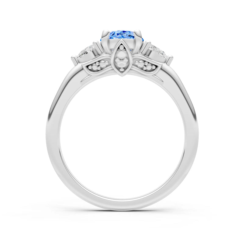 Trellis Three Stone Oval and Pear Gemstone Engagement Ring