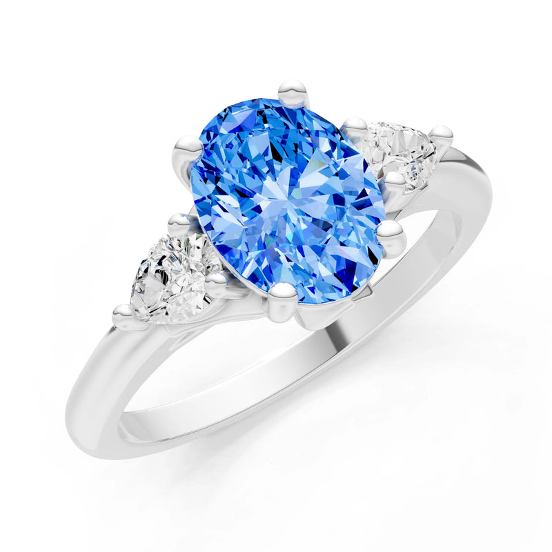SBT Oval 8x6mm Normal Gold Quality Trellis Three Stone Oval and Pear Lab Diamond Engagement Ring