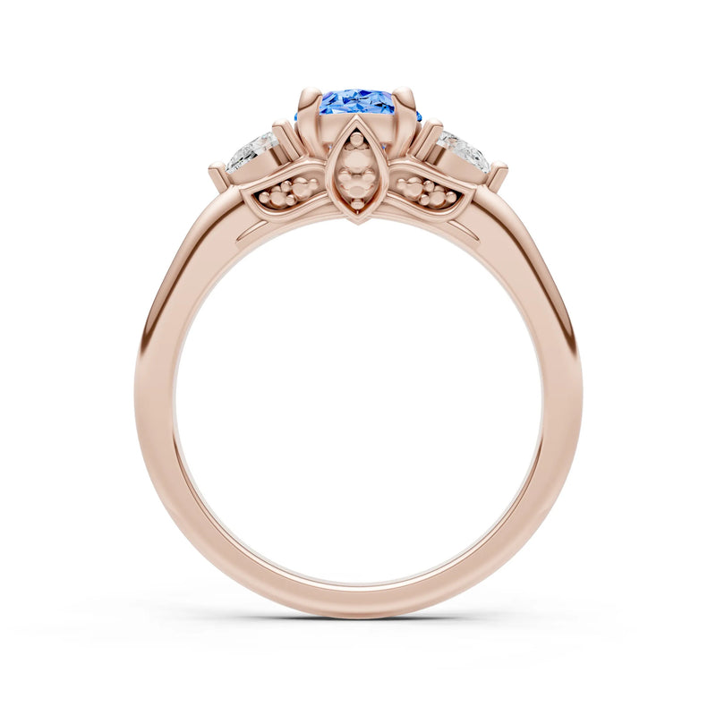 Trellis Three Stone Oval and Pear Gemstone Engagement Ring