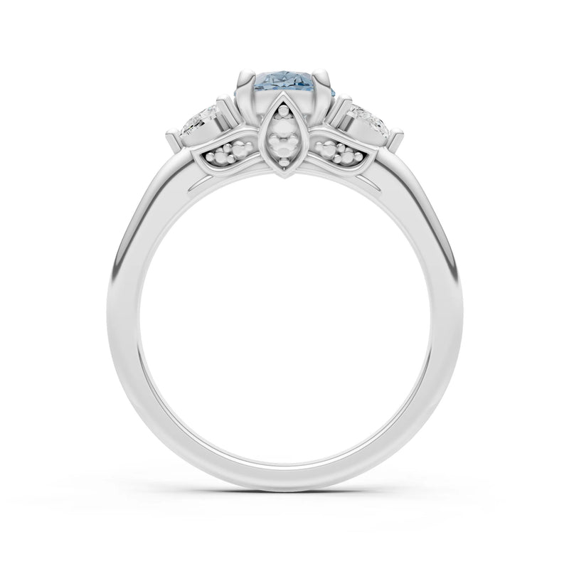 Trellis Three Stone Oval and Pear Gemstone Engagement Ring