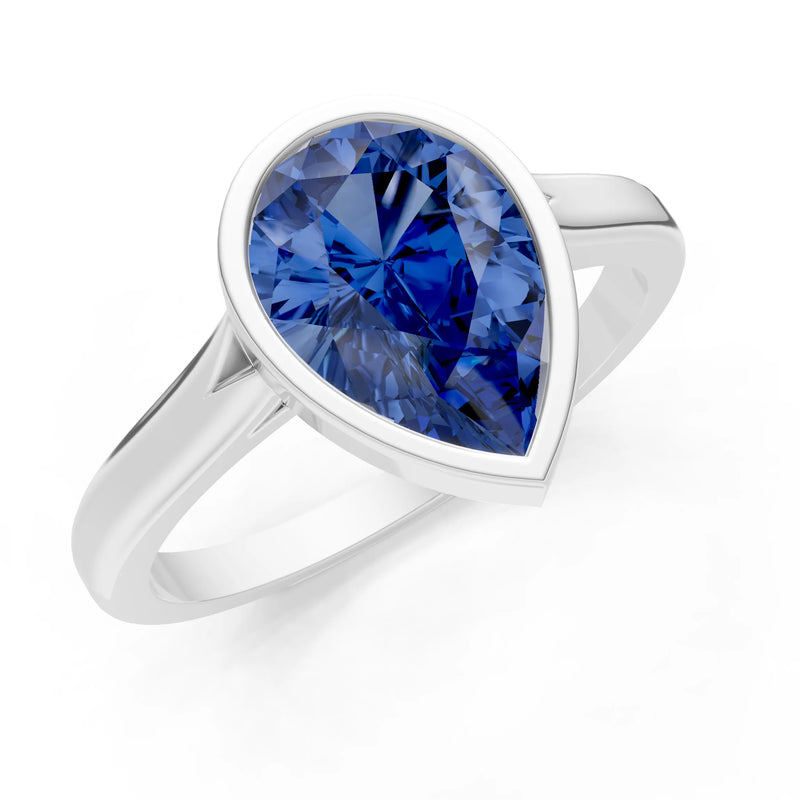 Blue Sapphire Pear Shape Bezel Set Solitaire Ring