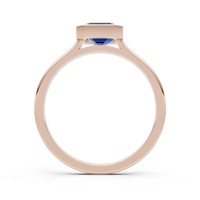 Blue Sapphire Emerald Cut Bezel Set Solitaire Ring