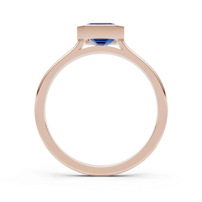 Blue Sapphire Emerald Cut Bezel Set Solitaire Ring