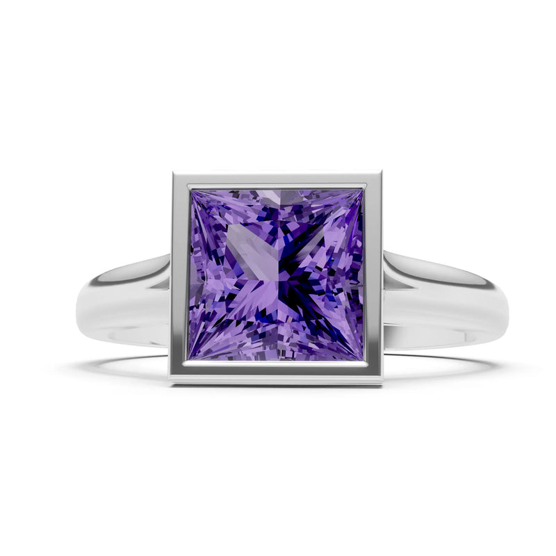 Amethyst Princess Shape Bezel Solitaire Ring