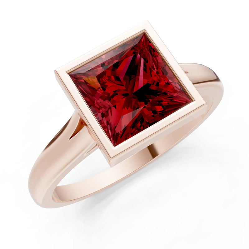 Garnet Princess Shape Bezel Solitaire Ring