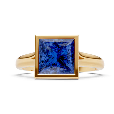 Blue Sapphire Princess Shape Bezel Solitaire Ring