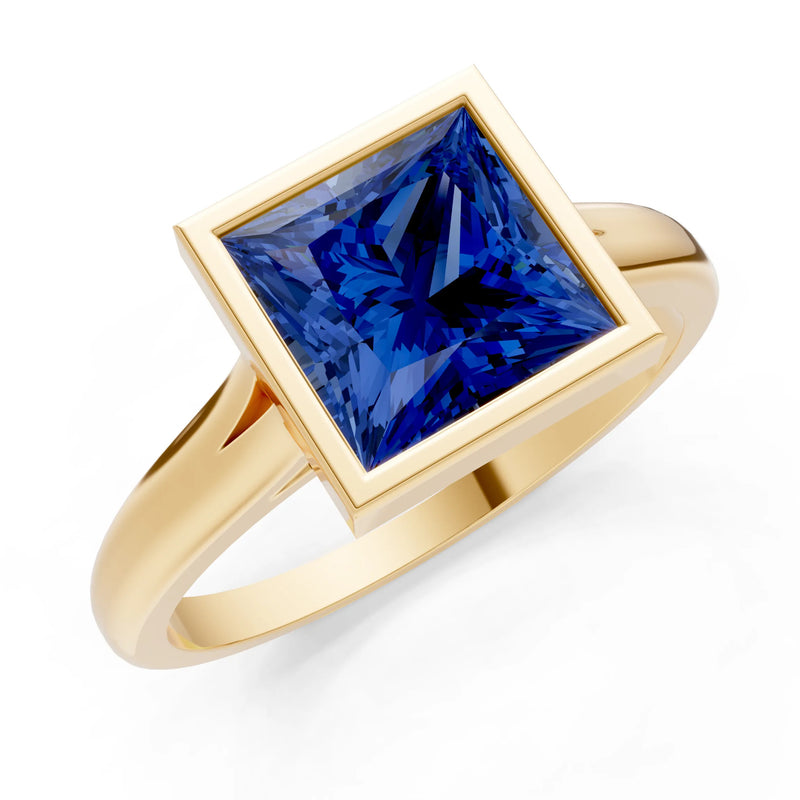 Blue Sapphire Princess Shape Bezel Solitaire Ring