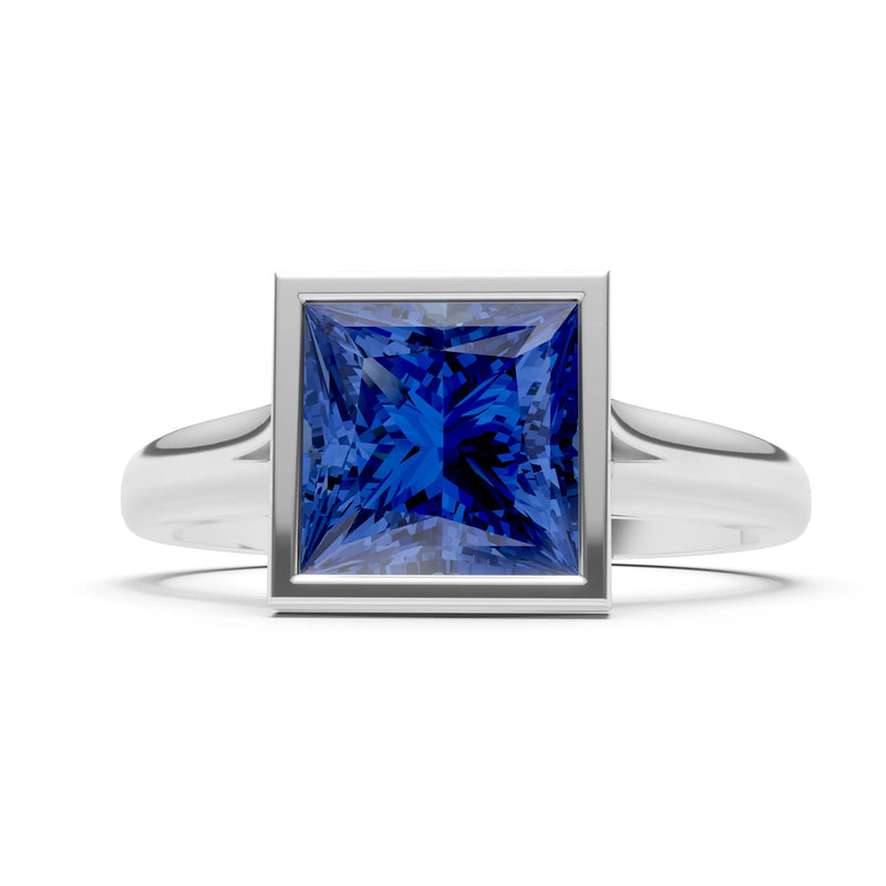 Blue Sapphire Princess Shape Bezel Solitaire Ring