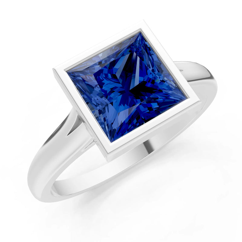 Blue Sapphire Princess Shape Bezel Solitaire Ring