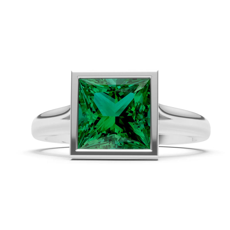 Emerald Princess Shape Bezel Solitaire Ring