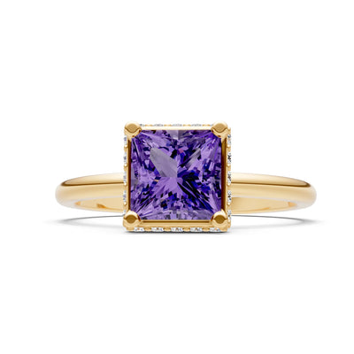 Amethyst Princess Cut Hidden Double Halo Engagement Ring