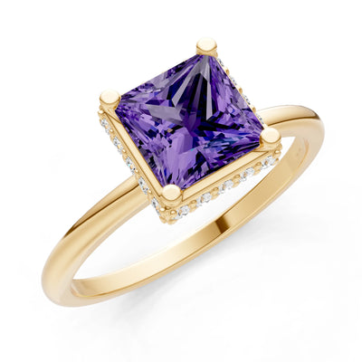 Amethyst Princess Cut Hidden Double Halo Engagement Ring