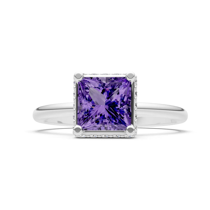 Amethyst Princess Cut Hidden Double Halo Engagement Ring