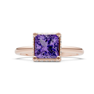 Amethyst Princess Cut Hidden Double Halo Engagement Ring