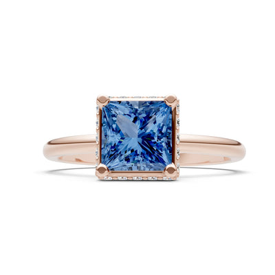 London Blue Topaz Princess Cut Hidden Double Halo Engagement Ring