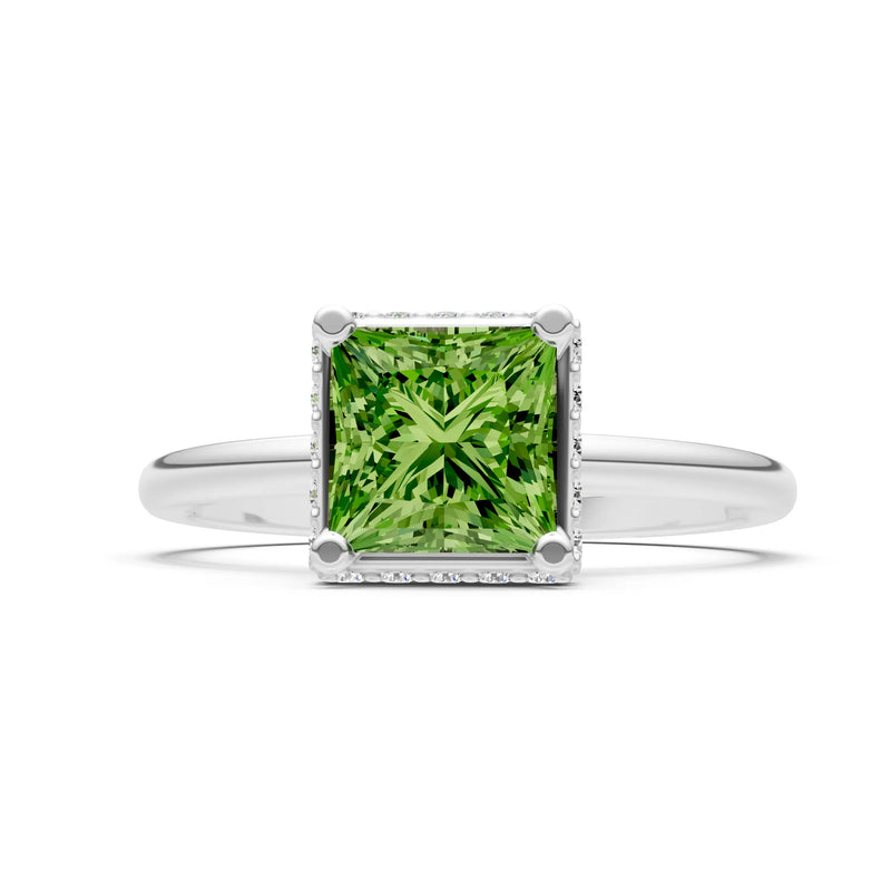 Peridot Princess Cut Hidden Double Halo Engagement Ring