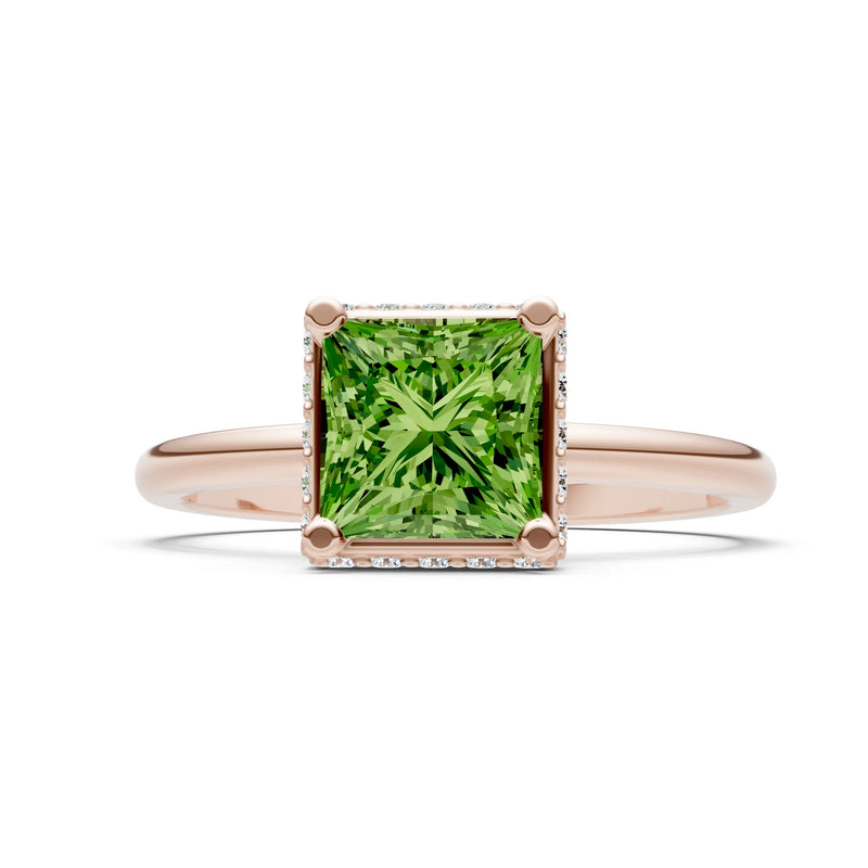 Peridot Princess Cut Hidden Double Halo Engagement Ring