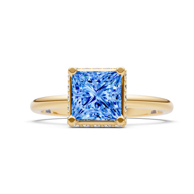 Swiss Blue Topaz Princess Cut Hidden Double Halo Engagement Ring