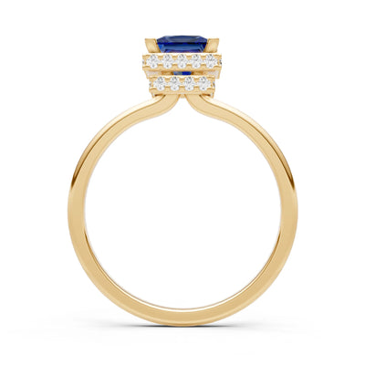 Blue Sapphire Princess Cut Hidden Double Halo Engagement Ring