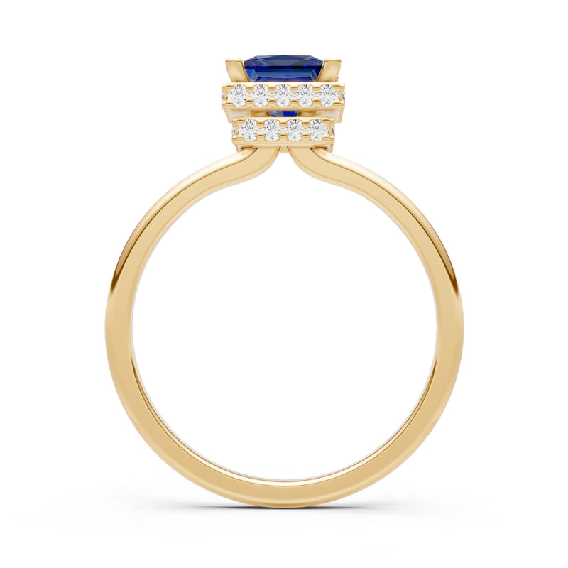 Blue Sapphire Princess Cut Hidden Double Halo Engagement Ring