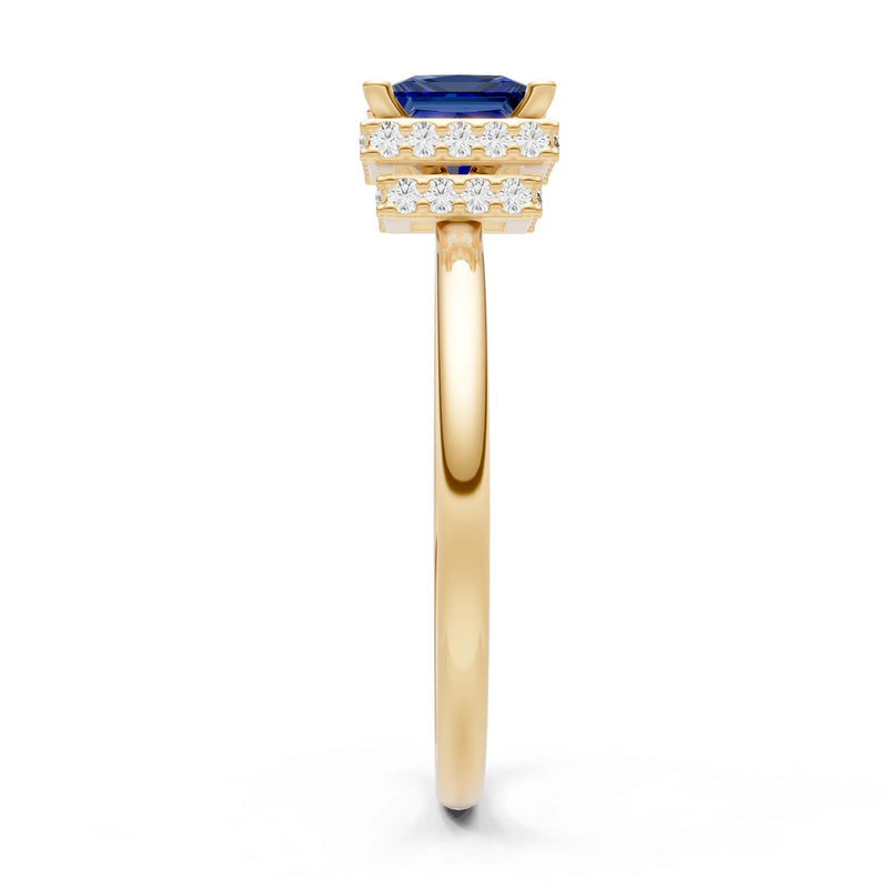 Blue Sapphire Princess Cut Hidden Double Halo Engagement Ring