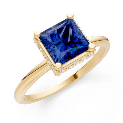 Blue Sapphire Princess Cut Hidden Double Halo Engagement Ring
