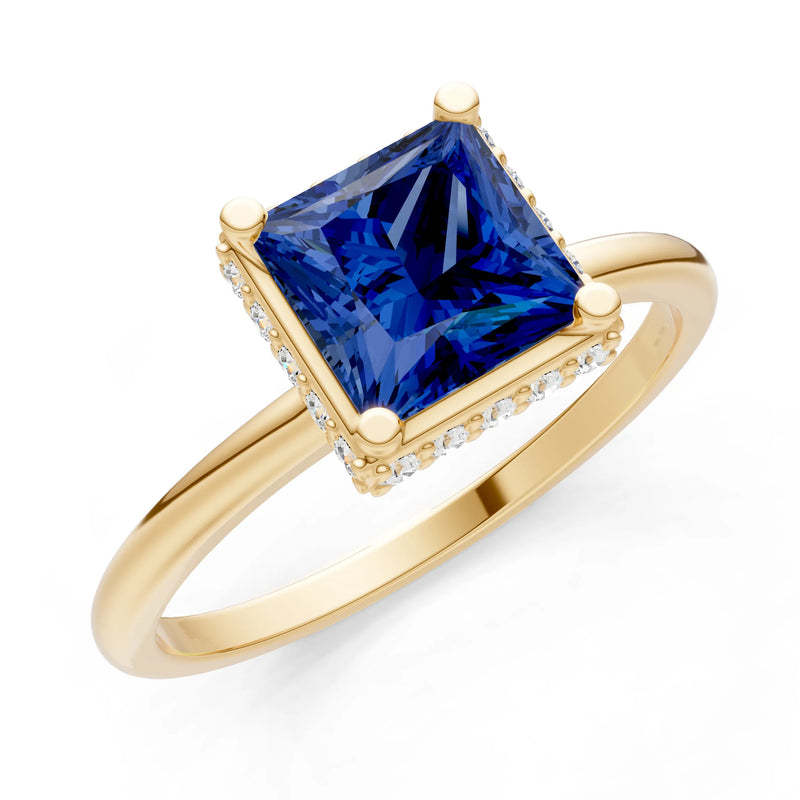Blue Sapphire Princess Cut Hidden Double Halo Engagement Ring