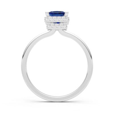 Blue Sapphire Princess Cut Hidden Double Halo Engagement Ring