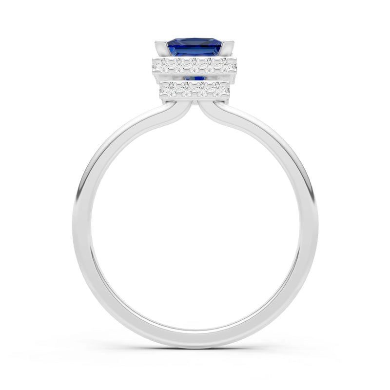 Blue Sapphire Princess Cut Hidden Double Halo Engagement Ring