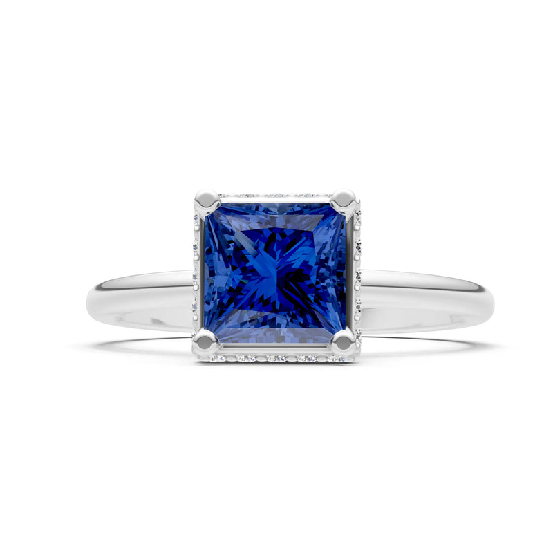 Blue Sapphire Princess Cut Hidden Double Halo Engagement Ring