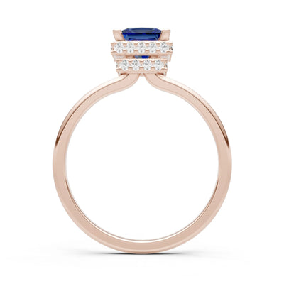 Blue Sapphire Princess Cut Hidden Double Halo Engagement Ring