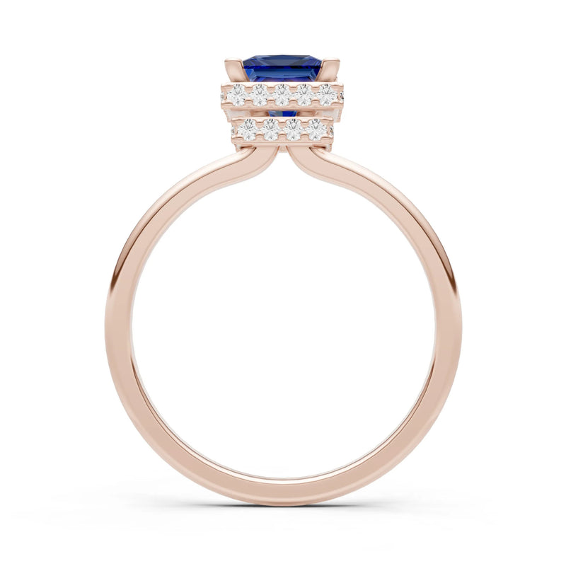 Blue Sapphire Princess Cut Hidden Double Halo Engagement Ring