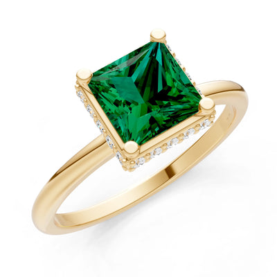Emerald Princess Cut Hidden Double Halo Engagement Ring
