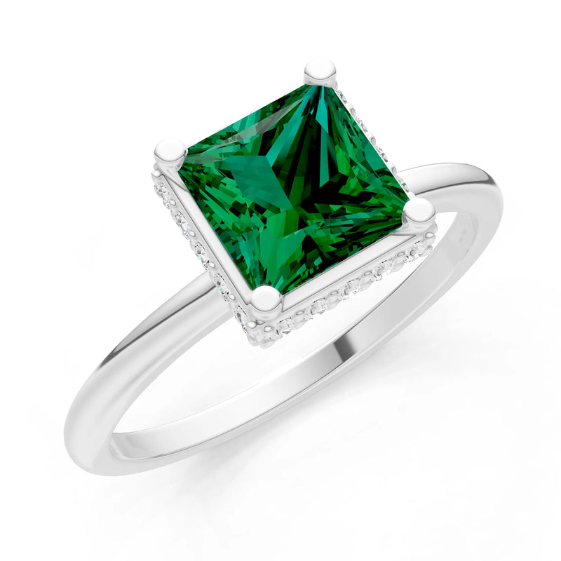 Emerald Princess Cut Hidden Double Halo Engagement Ring