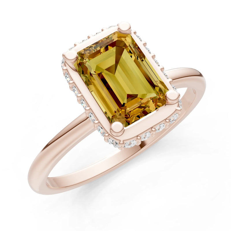 Citrine Emerald Hidden Double Halo Engagement Ring