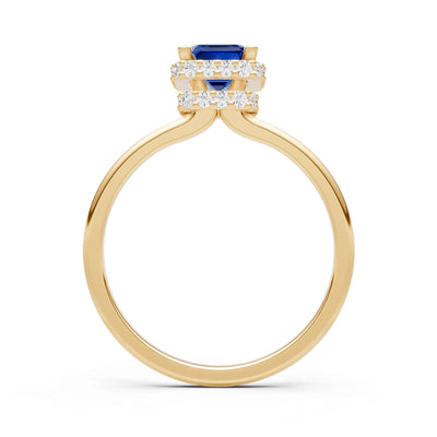 Blue Sapphire Emerald Hidden Double Halo Engagement Ring