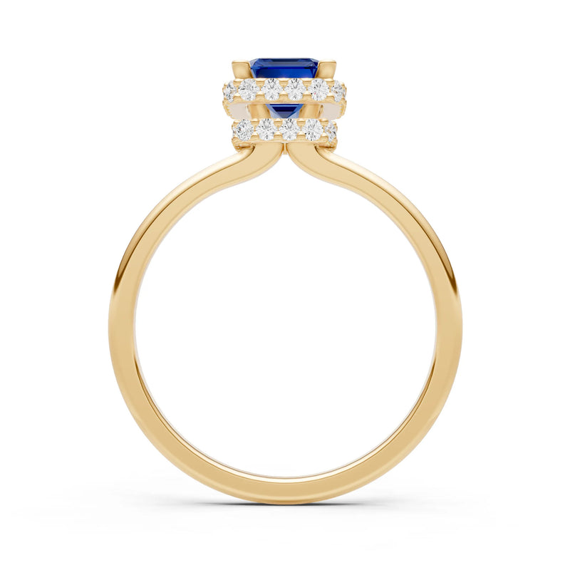 Blue Sapphire Emerald Hidden Double Halo Engagement Ring