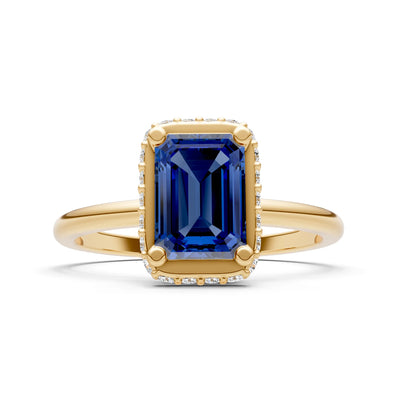Blue Sapphire Emerald Hidden Double Halo Engagement Ring